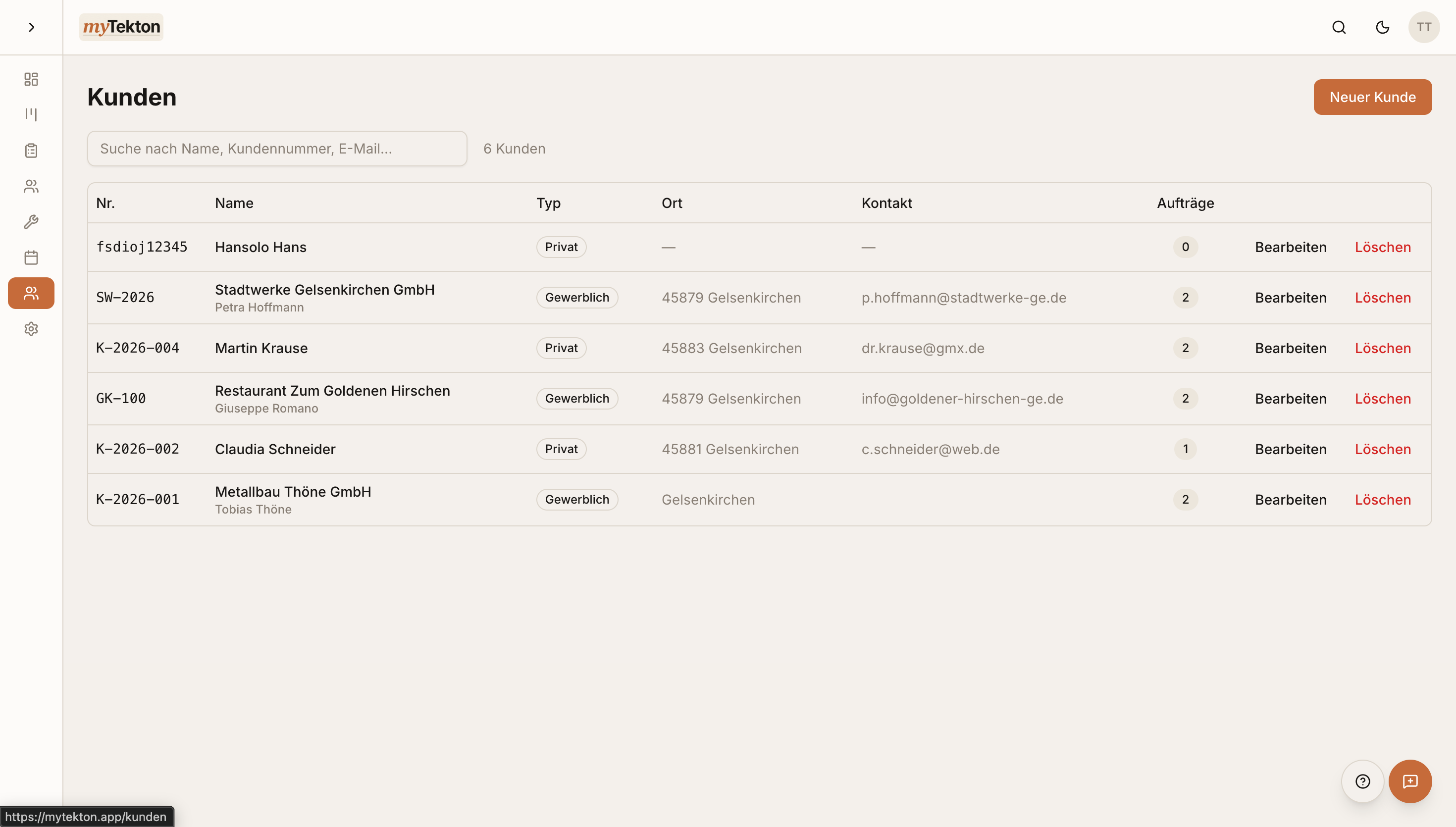 Kundenverwaltung in myTekton